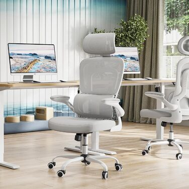 Ергономічне офісне крісло Farini, комп&39ютерне крісло з колесами, письмове крісло для комфортного домашнього офісу, крісло керівника з регульованою висотою та підголівником, сірий/білий 1680-сірий/білий з підголівником