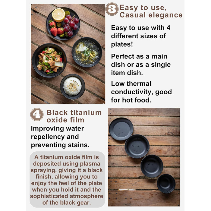Набір посуду для кемпінгу CAMPINGMOON, нержавіюча сталь, тарілки, миски, штабельовані, посуд для активного відпочинку, сумка з тканини, для кемпінгу, піших прогулянок, пікніків (4 предмети, чорний колір з титановим покриттям)