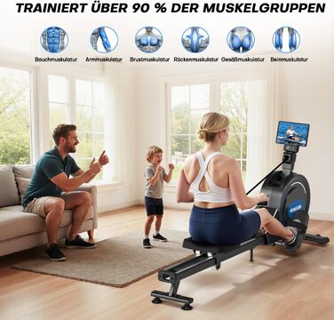 Домашній гребний тренажер DMASUN, новинка 2026 року Магнітний гребний тренажер з оновленими подвійними рейками, ультратихий гребний тренажер, 16/32 рівні опору, РК-дисплей даних, витримує до 160 кг, чорний - 16 рівнів