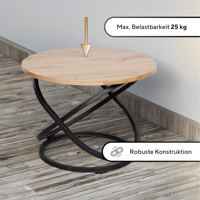 Журнальний столик, Приставний столик для дивана, Круглий 60 см, Імітація дерева з металевим каркасом, Висота 45 см, Вантажопідйомність до 25 кг