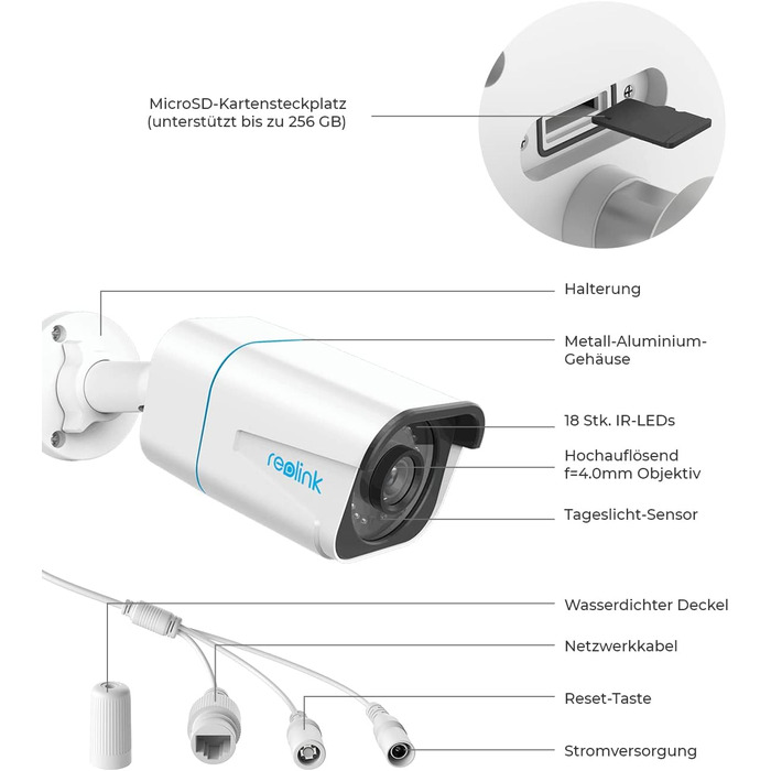 Зовнішня камера безпеки Reolink 4K Smart PoE із функцією виявлення людини/автомобіля, 8-мегапіксельна IP-камера з аудіосистемою та слотом для карт памяті microSD, інфрачервоне нічне бачення, водонепроникність IP67, уповільнена зйомка, RLC-810A