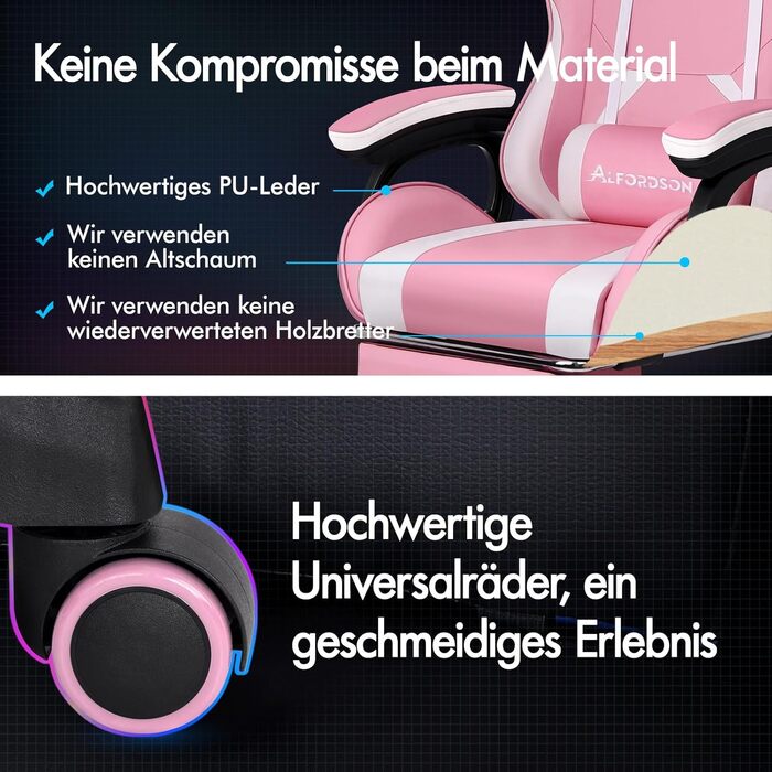 Ігрове крісло ALFORDSON, офісне крісло, з 2-точковим масажем, підставкою для ніг, підголівником та поперековою подушкою, регульована спинка 150, штучна шкіра, рожевий
