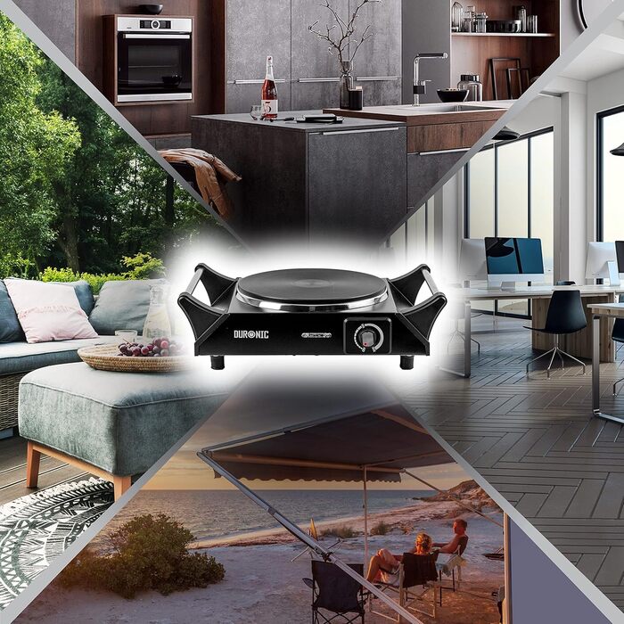 Електрична кемпінгова плита Duronic HP1 BK, 1500 Вт, портативна, виготовлена зі сталі з 1 електричною чавунною плитою, ручки для перенесення, регульована температура, зовнішня варильна поверхня