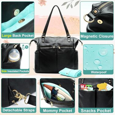 Пеленальна сумка MOMINSIDE, сумка-сумка, шкіряна пеленальна сумка, рюкзак з 14 кишенями для мами, тата, список бажань для дитини,