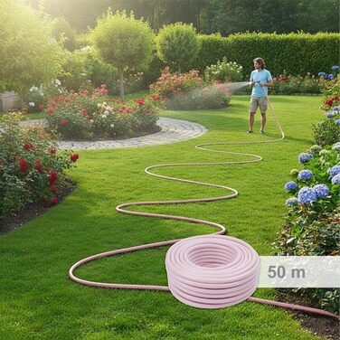 Шланг садовий Relaxdays, 50 м, універсальний водяний шланг 1/2, стійкий до УФ-випромінювання та погодних умов, тканинний садовий шланг, PP, рожевий