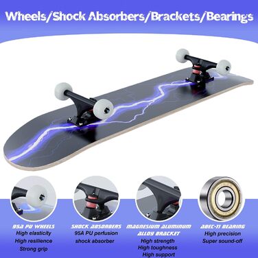 Скейтборд Blitz, 31 x 8 дюймів, 8-шарова кленова дека, симетрично скошена з обох кінців, підходить для хлопчиків, дівчаток, підлітків, вуличних скейтбордистів, дорослих, початківців, надзвичайно широкий, синій