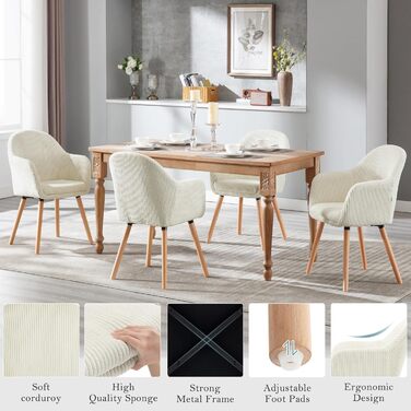 Обідні стільці WOLTU, комплект з , для спальні, кухні, вітальні, м&39які кухонні стільці, сучасні, з підлокітниками, ніжки з масиву дерева, вельветове сидіння, кремово-білий колір, комплект з