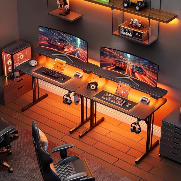 Ігровий стіл ODK, Невеликий ігровий стіл зі світлодіодним освітленням, Комп&39ютерний стіл 80 см з полицею для монітора, Чорний стіл для ПК з вуглецевого волокна 80 см