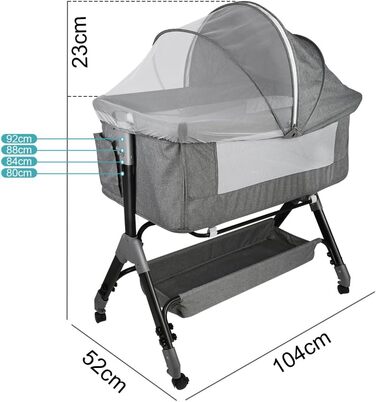 Дитяче ліжко Supfine Cododo 3-в-1 з матрацом та москітною сіткою, регульована висота, мобільна дитяча колиска для новонароджених/немовлят, ліжко Cododo з кошиком для зберігання (сірий лляний колір, 104 * 52 * 100-110 см) 104*52*100-110 см лляний сірий кол
