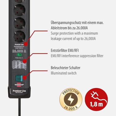 Розетка Brennenstuhl Premium-Line 6-місна із захистом від перенапруги до 26 000 А (розетка з кабелем 1,8 м і вимикачем, настінна р