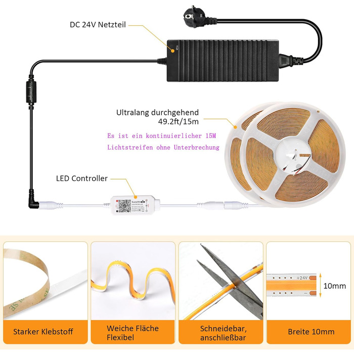 Світлодіодна стрічка SUBOSI Wifi COB з можливістю затемнення DC24V 2700K Інтелектуальне керування програмами 384 світлодіоди/м 6 Вт/м Світлодіодна стрічка з диммером Wi-Fi та блоком живлення, смугова світлова стрічка працює з Google Home Assistant/Alexa (