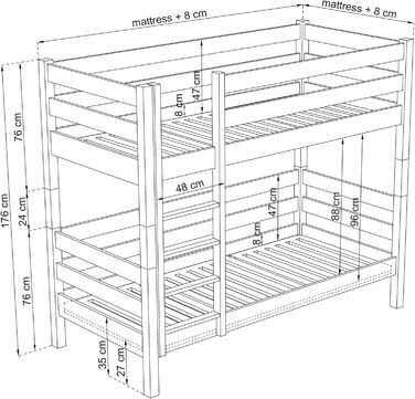 Двоярусне ліжко, дитяче ліжко 120х190 см, для 2 дітей, 2 сторони для складання драбини, 2 окремих спальних місця, закруглені краї,