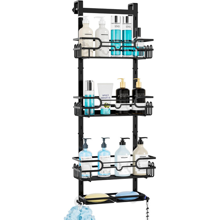 Душова полиця підвісна регульована з 4 душовими кошиками, душова полиця без свердління з мильницею та гачком, душова полиця над скляною стіною та дверима у ванній кімнаті, чорна