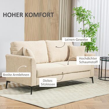 Місний диван HOMCOM, диван під лляну тканину, металеві ніжки, м&39який диван, м&39який двоспальний диван для вітальні, спальні, 179 x 80 x 89 см, бежевий, 2-