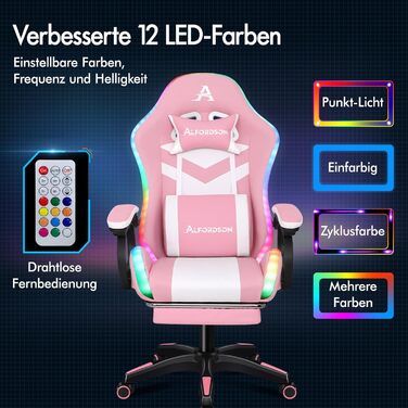 Ігрове крісло ALFORDSON, гоночне ігрове крісло зі світлодіодним RGB-підсвічуванням, масажне комп&39ютерне крісло з підставкою для ніг, ергономічне поворотне крісло з важільною спинкою, рожеве