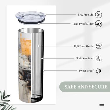 Кухоль з прямою трубочкою, 590 мл, сіро-жовтий, абстрактний художній дизайн, дорожній кухоль з принтом, підходить для кемпінгу, офісу та дому