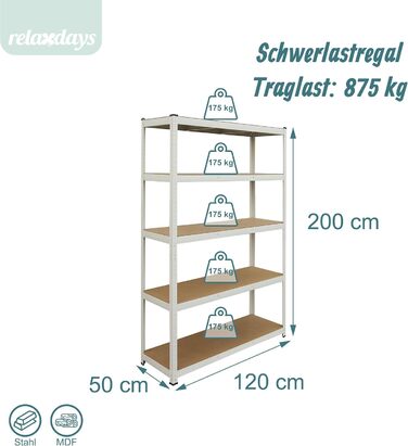 Міцний стелаж Relaxdays, ВxШxГ 200x120x50 см, 875 кг, 5 полиць, полиця для зберігання в підвалі та гаражі, вставного типу, білий/коричневий
