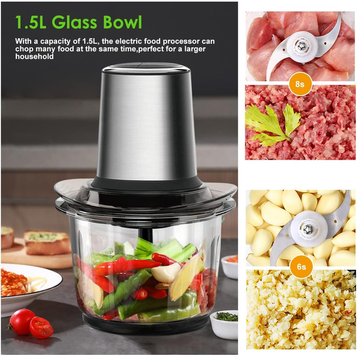 Електричний подрібнювач Multi-Chopper універсальний з чашею з нержавіючої сталі 1,5 л, 2 рівні швидкості Функція гальмування для м'яса, фруктів, овочів та дитячого харчування, срібло