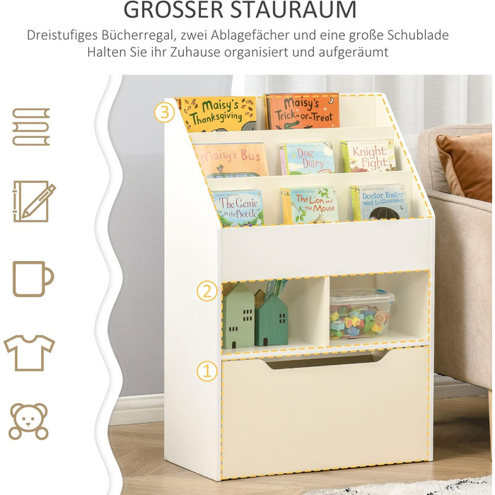 Дитяча книжкова полиця HOMCOM, Дитяча полиця з шухлядою, 3 полиці та 2 відкриті відділення, Полиця для зберігання для дитячої кімнати, Ігрової кімнати, Біла, 60 x 29,9 x 90 см