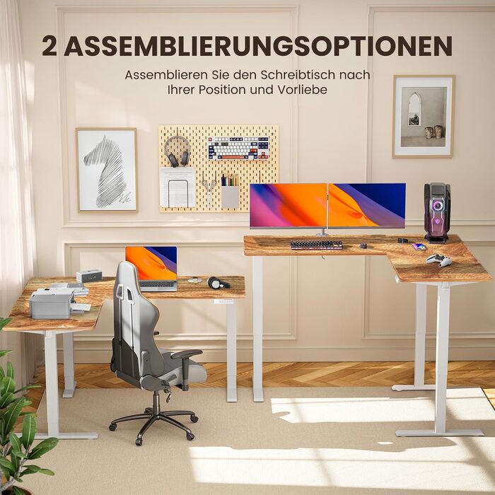 Електрично регульований по висоті L-подібний стіл 160 x 140 см, L-подібний стіл з одним двигуном, кутовий стіл з регулюванням висоти та 4-позиційним керуванням пам&39яттю 160 x 140 см, колір світлого вінтажного дерева