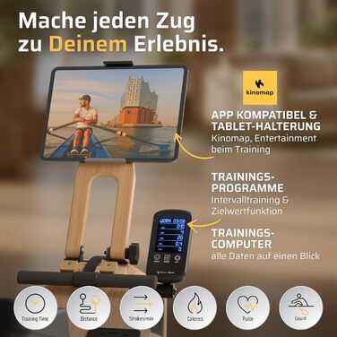 Водний гребний тренажер SportPlus для домашнього використання - Розроблено в Німеччині - Складаний водний гребний тренажер - Міцна дубова деревина - Преміальний дерев&39яний гребний тренажер, до 180 кг та 200 см, масив дуба, складний (сумісний із додатком