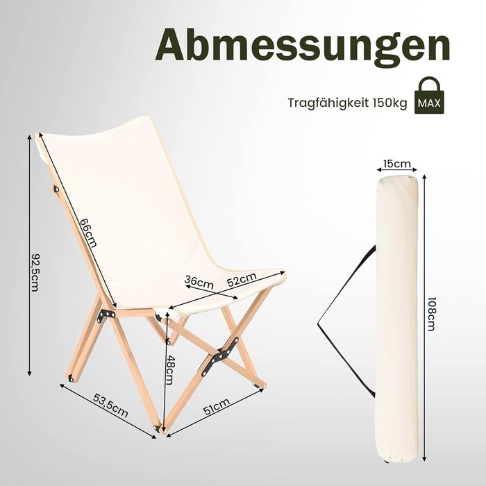 Складаний кемпінговий стілець COSTWAY, комплект з 2 шт. , з лляним сидінням та бамбуковим каркасом, витримує до 150 кг, включає сумку для перенесення, для кемпінгу, використання на вулиці та в приміщенні, бежевий