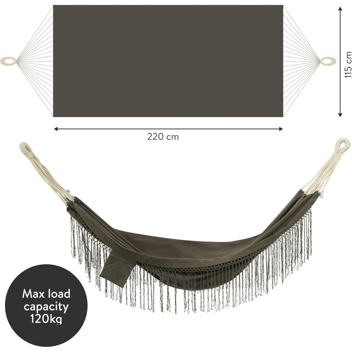 Бавовняний гамак для вулиці та дому - 220 x 115 см - Гамак з тканини в стилі бохо - Гамак для саду або балкону - Вуличний гамак - Темно-сірий