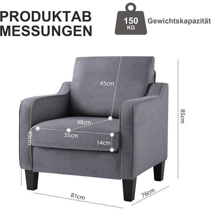 Крісло для вітальні, сучасне крісло з відкидною спинкою, підлокітниками та товстою подушкою, м&39який лляний одномісний диван для невеликих приміщень, зручне крісло для спальні, темно-сірий, комплект з