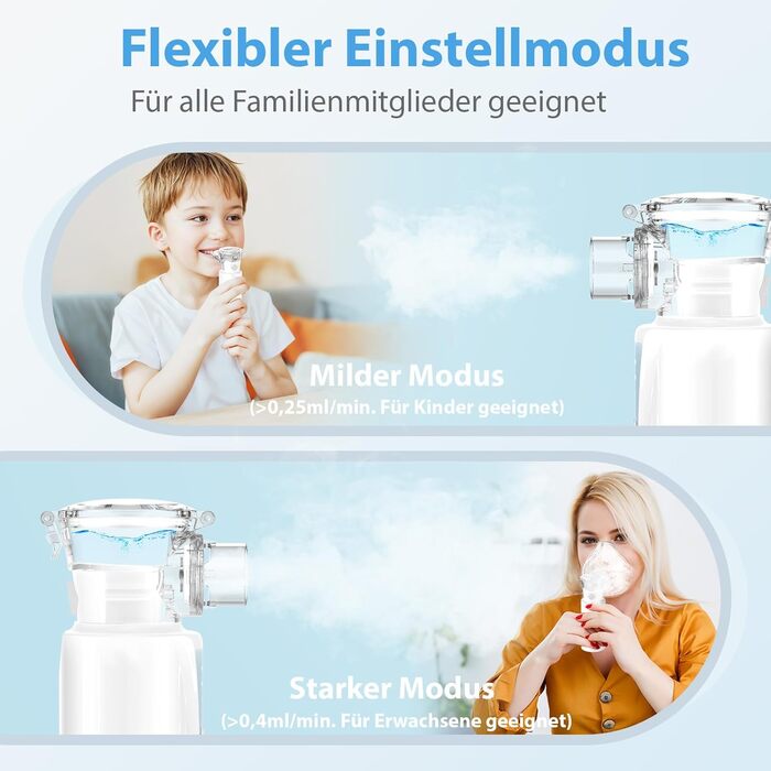 Інгалятор, безшумний портативний інгалятор NIKYPJ для дорослих та дітей, інгалятор, що перезаряджається від USB, з 2-ма масками та 1 мундштуком