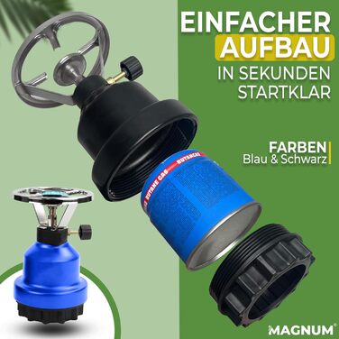 Набір газових плит Magnum для кемпінгу E190 з 4 газовими картриджами, газова плита/варильна поверхня з 1 конфоркою, підходить для активного відпочинку, походів, пікніків, кемпінгу та заходів Синій алюміній 10k