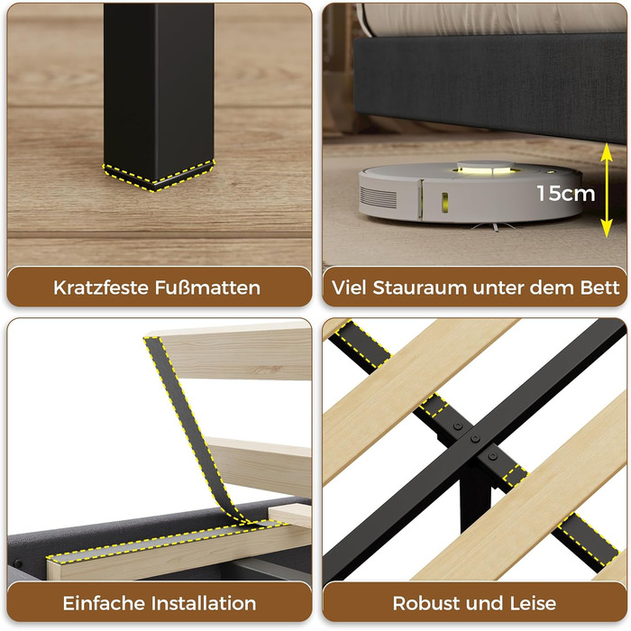 М&39яке ліжко IRONCK 120x200 см, Ліжко 120x200 зі світлодіодним освітленням та зарядною станцією (2 розетки змінного струму, порти USBType-C), Каркас ліжка з місцем для зберігання, Плаваюче односпальне ліжко з рейковою основою, Льняне, Сірий 120 x 200 см