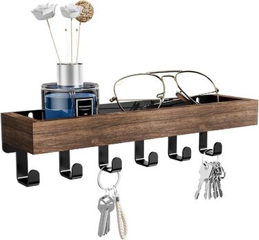 Ключниця з дерев'яним лотком і 6 гачками - багатофункціональна ключниця/дошка для ключів, ключниця з поличкою для передпокою, спал
