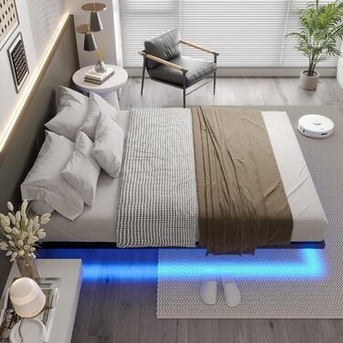 Каркас ліжка DICTAC 140x200 зі світлодіодним освітленням, Ліжко 140x200 з металевою рейковою основою, Плаваючий каркас ліжка 140 x 200 для дорослих з освітленням - Міцний та стійкий, Легке складання, Чорний (без матраца) 140x200 см