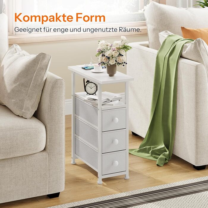 Приліжкова тумба HOOBRO із зарядною станцією, 1 стандартна розетка, 2 USB-порти, вузька бічна тумба, 3 шухляди з нетканого матеріалу, відкрите відділення, для вітальні, спальні, білий EWW482CBZ01