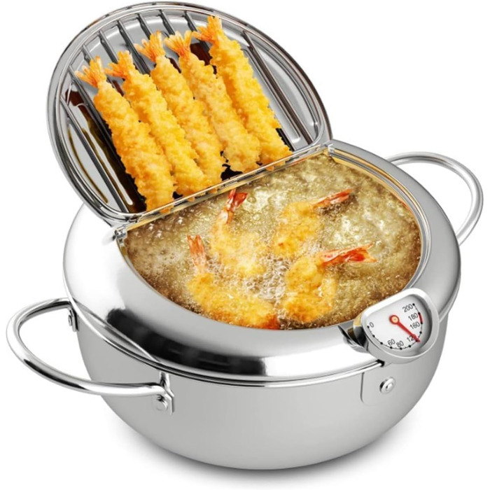 Горщик для смаження в японському стилі, маленька фритюрниця з термометром і кришкою, каструля з нержавіючої сталі, сумісна з індукційною плитою (великий розмір 24 см)