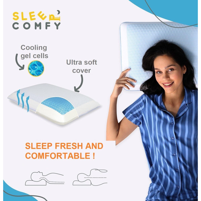 Подушка SLEEP COMFY преміум-класу з гелевої піни з ефектом пам&39яті ортопедична підтримка шиї, сертифікована Oeko-Tex, технологія охолоджувального гелю для всіх положень сну (комфорт влітку та взимку) з ефектом пам&39яті 60x40x13