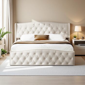 М&39яке ліжко 140x200 з місцем для зберігання, гідравлічне ліжко з місцем для зберігання, дитяче ліжко з узголів&39ям, каркас двоспального ліжка з ящиком для зберігання та рейковою основою, без матраца, оксамит (Бежевий 2, 140 x 200 см) Бежевий 2 140 x 20