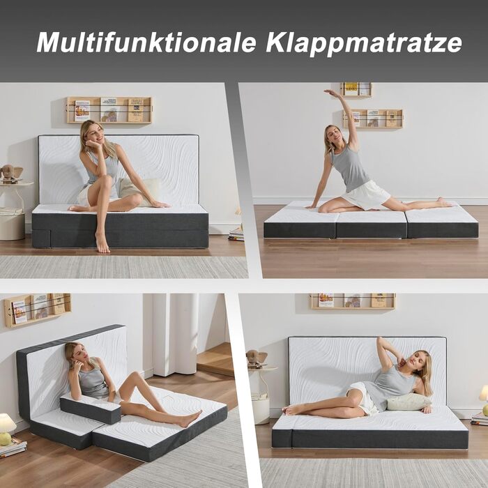 Розкладний матрац, розкладний гостьовий матрац 120 x 195 x 15 см, можна прати та складати, 4-секційний розкладний матрац зі знімним чохлом для подорожей, кемпінгу, гостьове ліжко, сірий, 120x195 15,0 сантиметрів