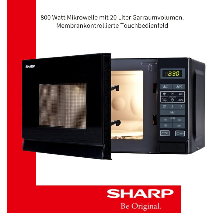 Мікрохвильова піч Sharp R242BKW Solo / 20 л / 800 Вт / 5 рівнів потужності / 8 автоматичних програм / Розморожування за вагою та часом / Блокування від дітей / Режим енергозбереження / Скляний поворотний стіл (25,5 см) / Чорний
