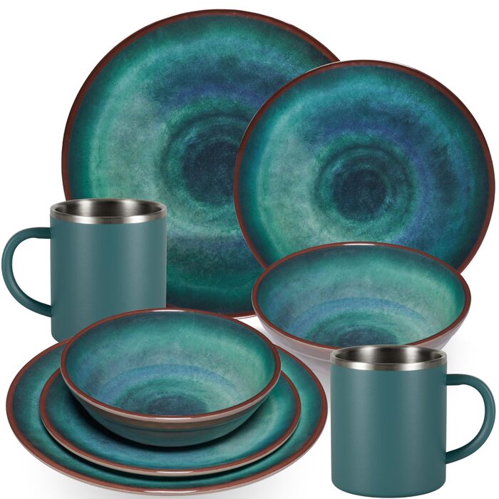 Набір меламінового посуду Jesolo зелений для 2 осіб - з чашками з нержавіючої сталі, вигляд кераміки, можна мити в посудомийній машині, кемпінговий посуд, караван, кемпінг, фестиваль - чашка з нержавіючої сталі бірюзового кольору