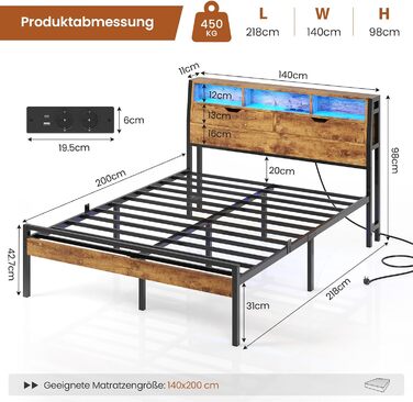 Ліжко 140x200 з металевою рейковою основою, двоспальне ліжко зі світлодіодним підсвічуванням та розеткою, каркас ліжка 140x200 см з дерев&39яним узголів&39ям, 2 шафи з дверима, дитяче ліжко з місцем для зберігання речей, коричневий колір, 140x200 см