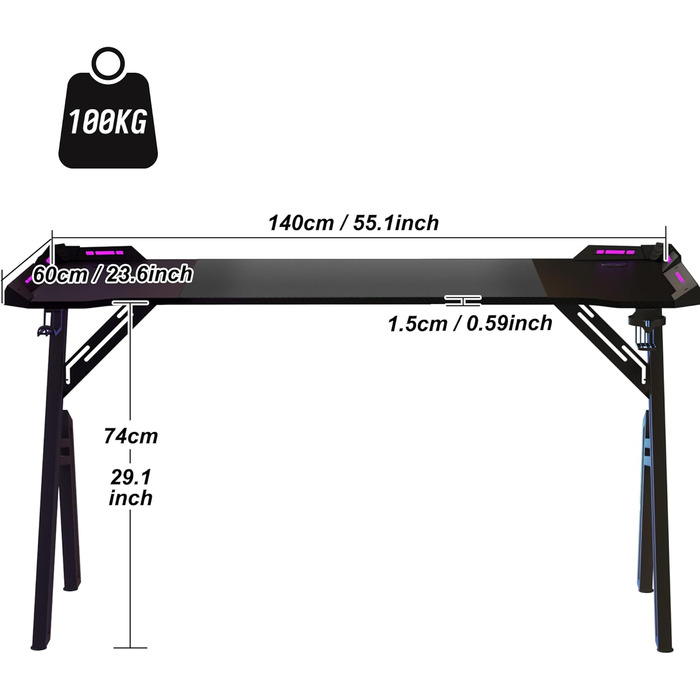 Ігровий стіл зі світлодіодним підсвічуванням, 140 x 60 см, поверхня з карбонового волокна ПК, включає підставку для чашок та гачок для навушників, легке складання, висота 73 см, чорний