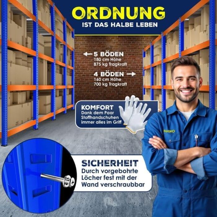 Комплект полиць для зберігання MASKO з 2 предметів, міцні стелажі, підвальні стелажі, 160x90x40 см, вантажопідйомність до 700 кг, 4 регульовані полиці, МДФ-панелі, металевий стелаж, безболтові стелажі, стелажі для майстерні, підвал, гараж, помаранчево-син