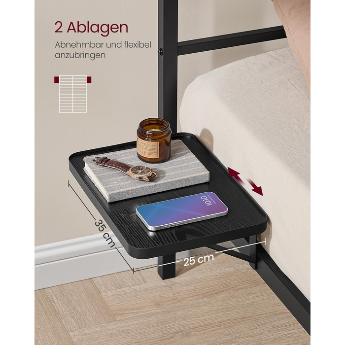 Каркас двоспального ліжка, Ліжко, 160 x 200 см, Металеве ліжко, Каркас ліжка, з узголів&39ям, Сучасне, з полицями для зберігання, Гостьове ліжко, для підлітків, Матовий чорний RMB195B01 160 x 200 см з узголів&39ям