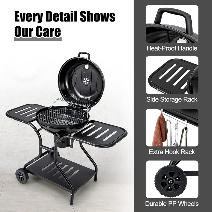 Мангал на вугіллі 57см з колесами, візок для барбекю на 2-6 осіб, піддон для вугілля з золовловлювачем, бічні полиці, гачки, зольн