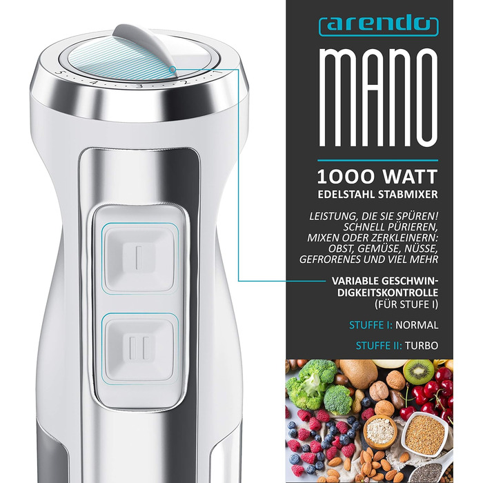 Ручний блендер 1000 Вт - ручний блендер з нержавіючої сталі - блендер - чотирилопатевий ніж - безступінчасте регулювання швидкості