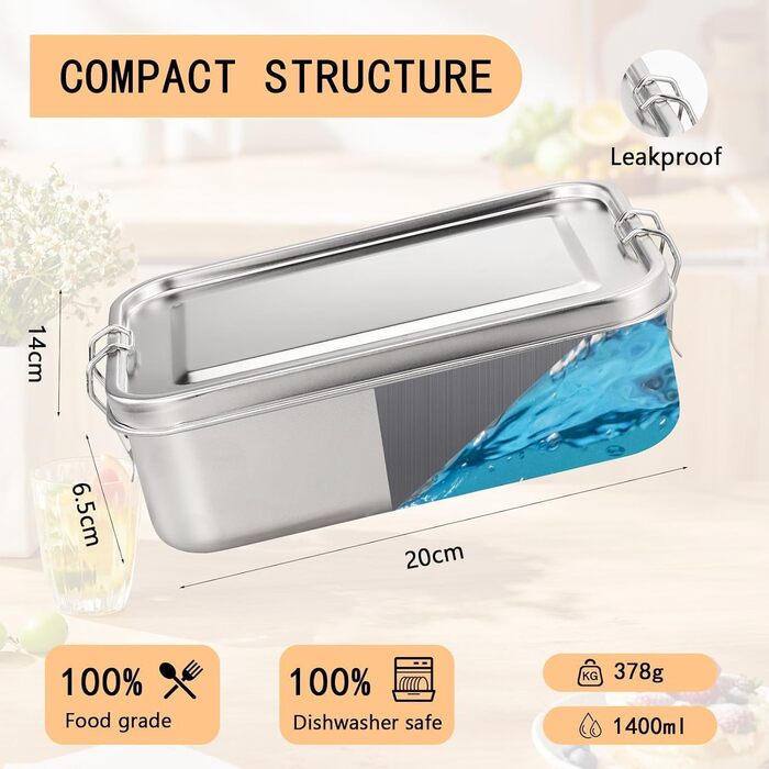 Ланчбокс з нержавіючої сталі, 1400 мл, з двома відділеннями, герметичний. Металева коробка для обіду з рухомою перегородкою, екологічна та без BPA, для дорослих та дітей.