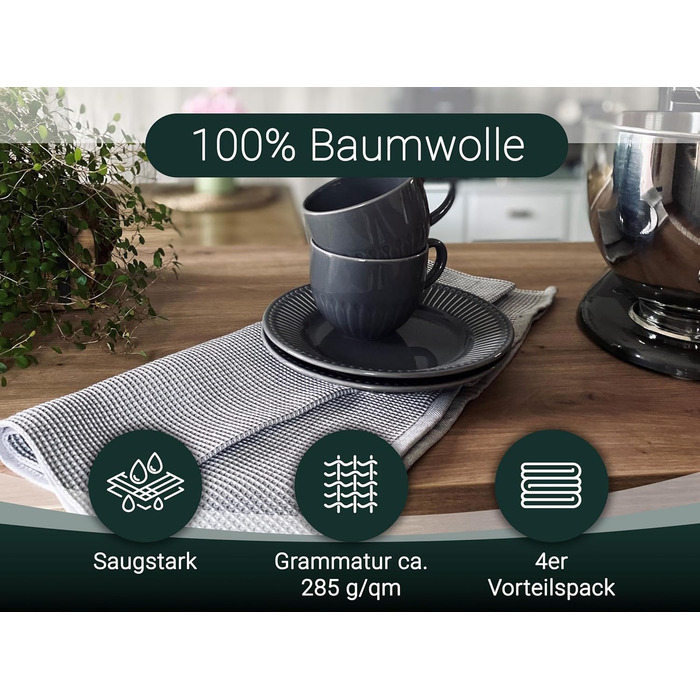 Набір ZOLLNER з 4 бавовняних чайних рушників розміром 50x70 см - добре поглинаючі та міцні кухонні рушники сірого кольору - можна