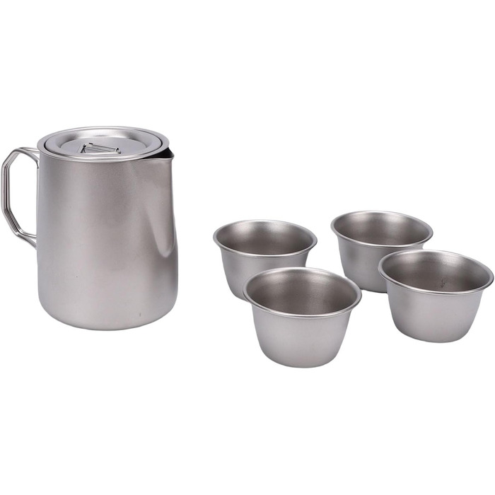 Чайний набір з нержавіючої сталі для подорожей, включає чайник з ситечком, 4 чашки та зручну сумку для зберігання. Ідеально підходить для кемпінгу та походів.