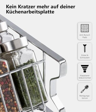 Квадратна підставка для спецій Deco haus з банками для спецій - Банки для спецій з полицею - Настінна підставка для спецій, підставка для спецій з набором з 24 банок для спецій - Металева підставка для спецій, не потребує свердління, хром - Набір з 24 пре